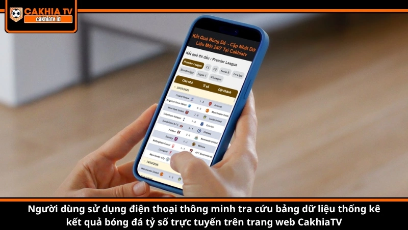 Người dùng sử dụng điện thoại thông minh tra cứu bảng dữ liệu thống kê kết quả bóng đá tỷ số trực tuyến trên trang web CakhiaTV