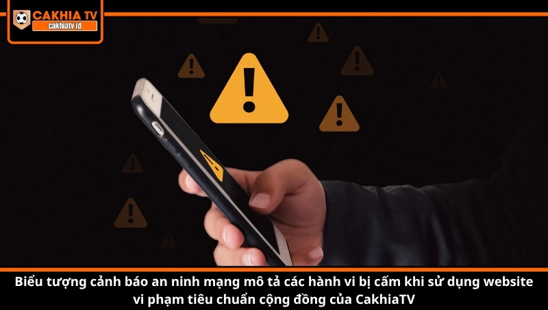 Biểu tượng cảnh báo an ninh mạng mô tả các hành vi bị cấm khi sử dụng website vi phạm tiêu chuẩn cộng đồng của CakhiaTV