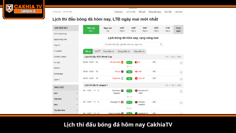 lịch thi đấu bóng đá hôm nay CakhiaTV