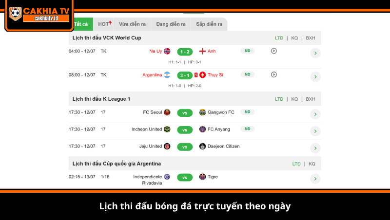Lịch thi đấu bóng đá trực tuyến theo ngày