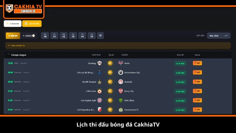 lịch thi đấu bóng đá CakhiaTV