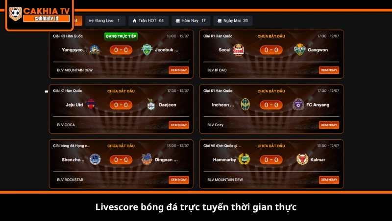 Livescore bóng đá trực tuyến thời gian thực